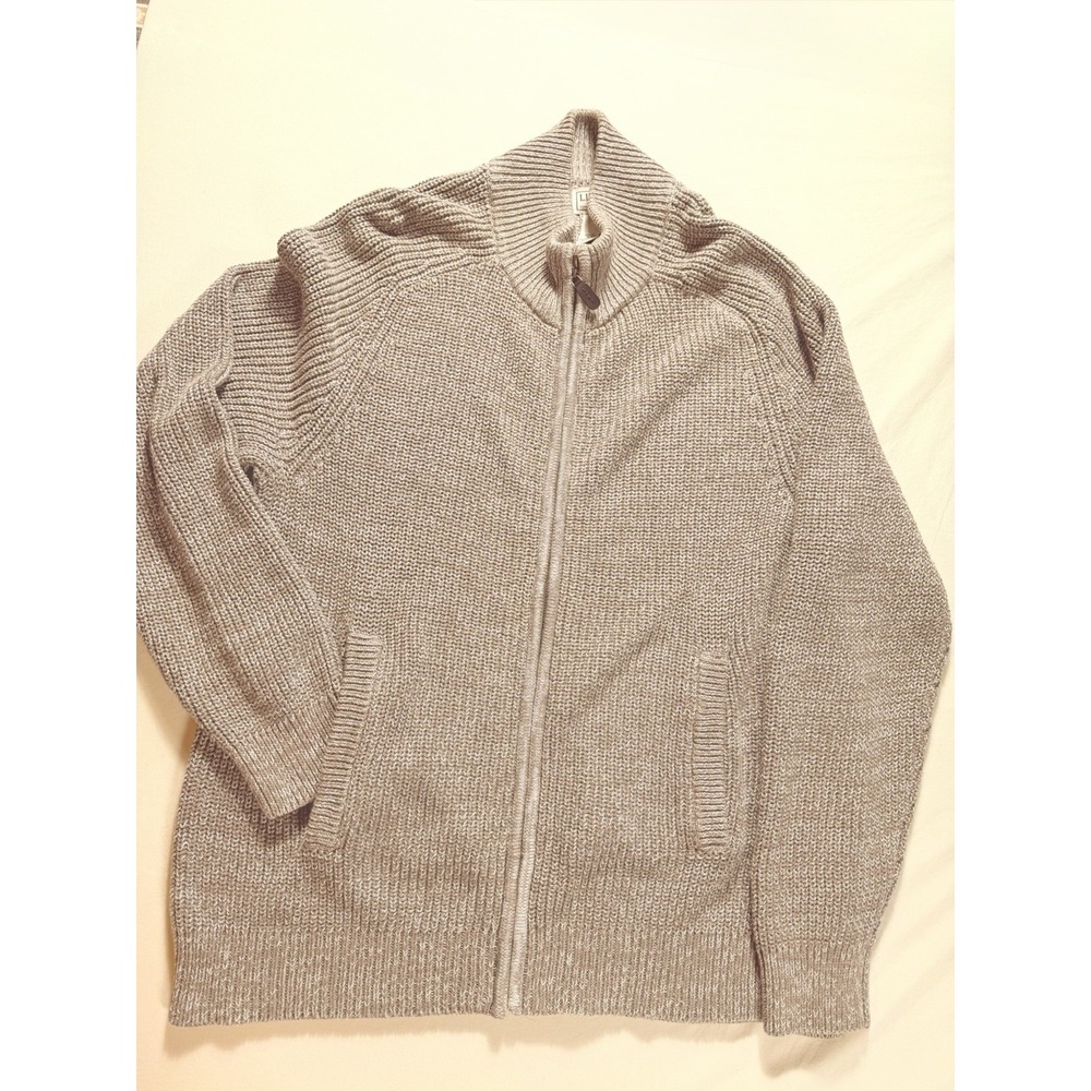 LL Bean Mens Zip Front Mock Neck Sweater Medium Beige 100% Cotton Shaker Stitch